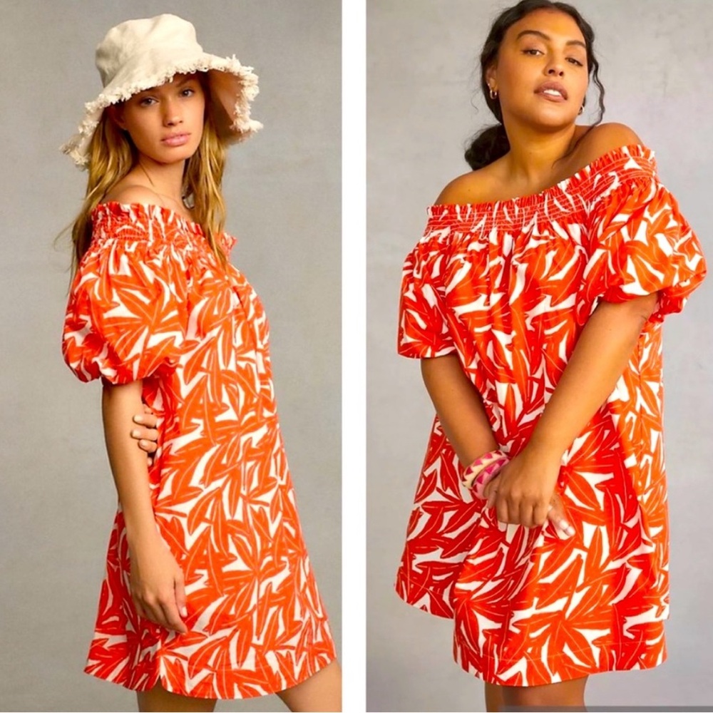 NWT Anthropologie Whit Two red & white banana leaf off shoulder dress M